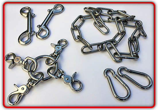 A range of stainless steel connectors and chain for use with your RED restraints, slings and frames