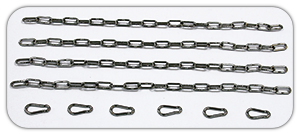 Set includes four lengths of long link 5mm stainless steel chain and six 6mm bright zinc plated steel carbine hooks